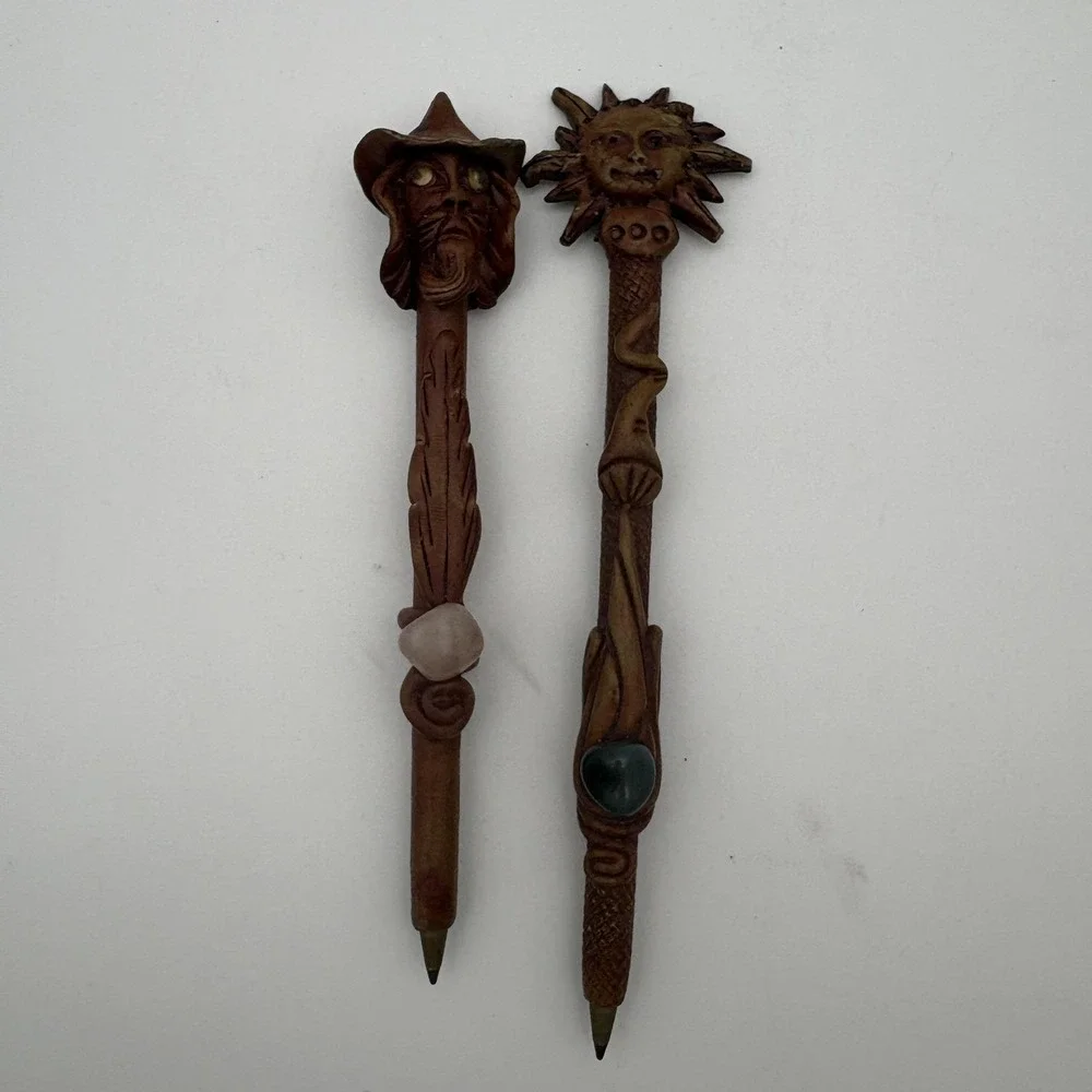 Cueva Resin Wizard‎ & Sun Face Ballpoint Pens Lot 2 Brown Fantasy Art Decor